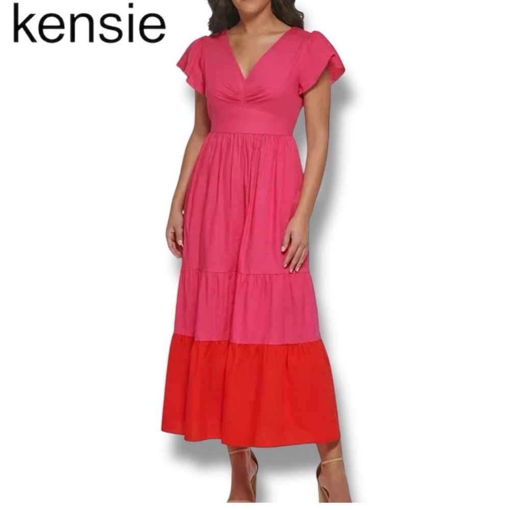 Kensie Pink and Red V-Neck Maxi Dress with puff sleeves